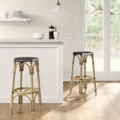 Perry Rattan Backless Woven Barstool Black/White - Thresholdâ˘