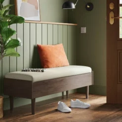 Wood Based Storage Bench Natural - Thresholdâ˘: Upholstered Entryway Ottoman With Armrest, Spot Clean
