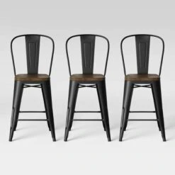 Set Of 3 Carlisle Backed Counter Height Barstool With Wood Seat Matte Black - Thresholdâ˘