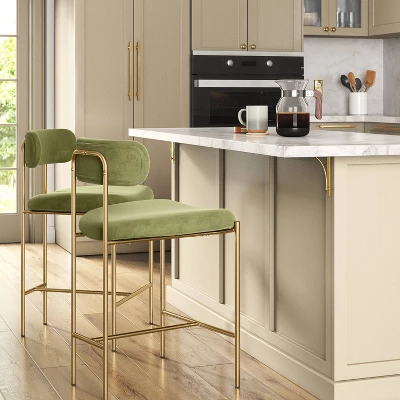 Orion Luxe Backed Counter Height Barstool With Brass Legs Olive Green Velvet - Thresholdâ˘