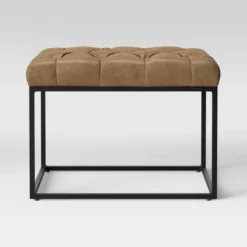 Trubeck Tufted Metal Base Ottoman Faux Leather Brown - Thresholdâ˘: Padded Footstool, No Assembly Required