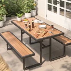 Bryant Faux Wood Rectangle Patio Picnic Table - Gray/Natural Wood - Thresholdâ˘