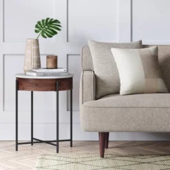 Birkdale Round Marble/Wood End Table White - Thresholdâ˘